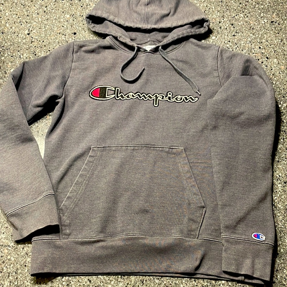Champion hooded sweat shirt, medium gray, men’s small
